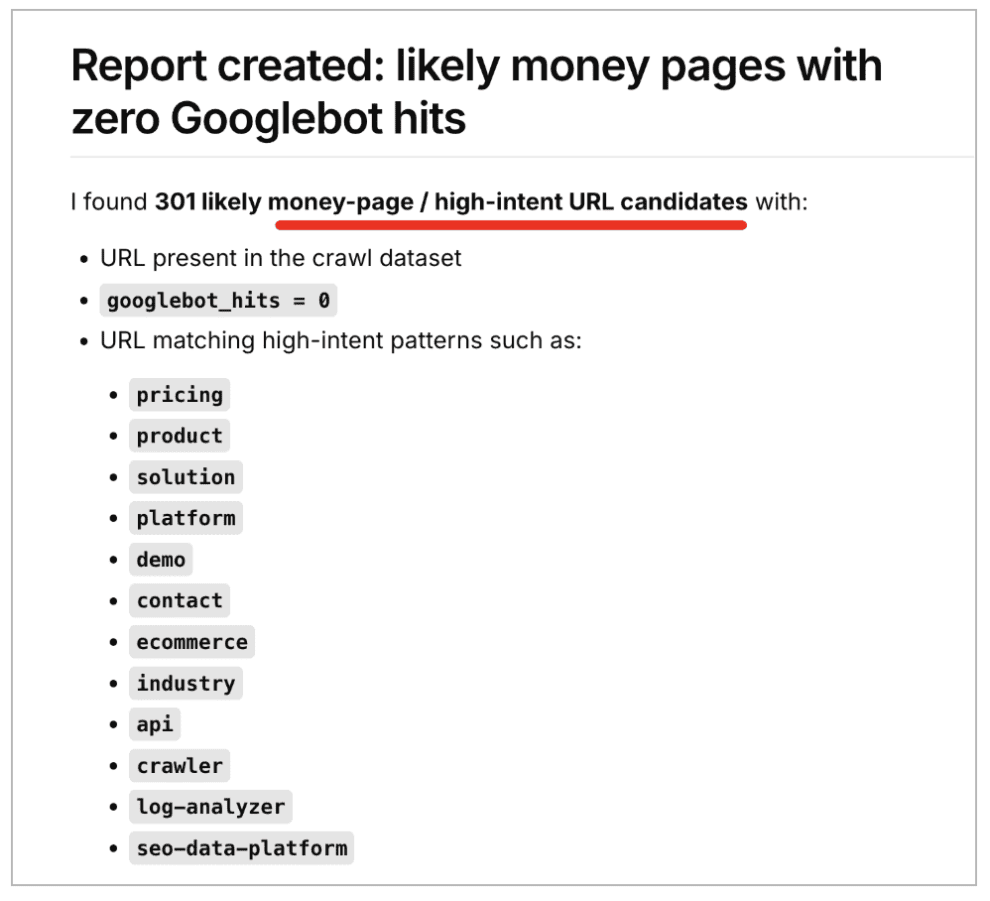 Key pages with zero Googlebot hits Key pages with zero Googlebot hits