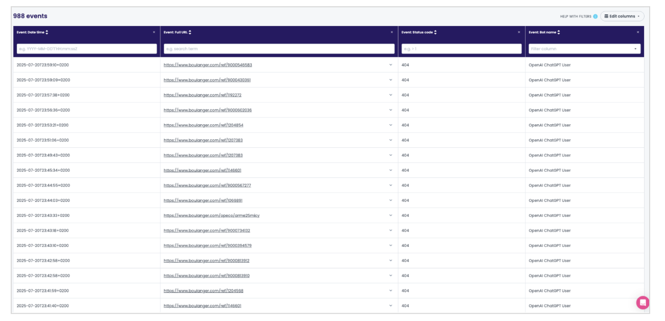 Fig. 11 Vue des logs correspondants sur Oncrawl