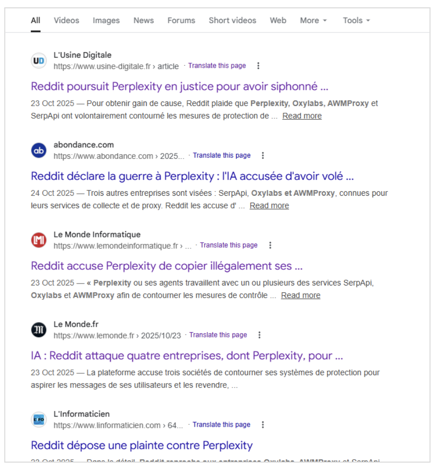 Fig. 6 Reddit poursuit Perplexity pour contournement