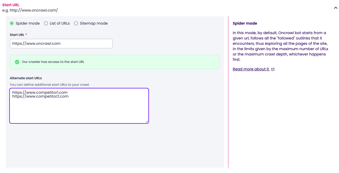 Crawl configuration with alternate URLs