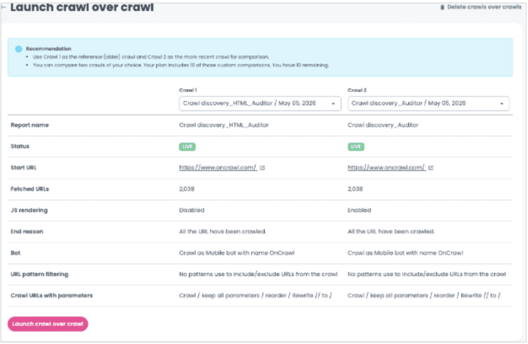 Launching crawl over crawl