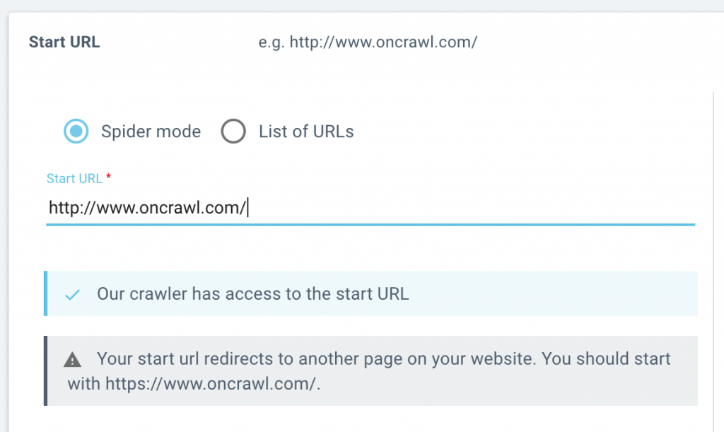 Oncrawl start URL feedback