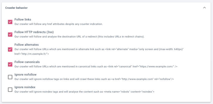 Oncrawl crawler settings