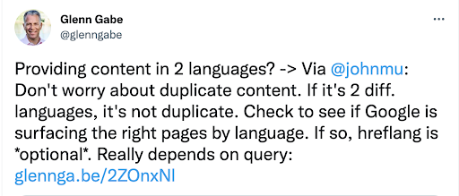 Glenn Gabe discusses the non-duplicate nature of content in 2 different languages on Twitter