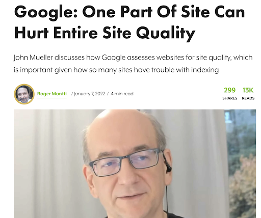 Screenshot of a Search Engine Journal article where John Mueller discusses site quality issues due to the introduction of a large quantity of low-quality translations