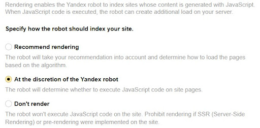 The Yandex rendering configuration panel