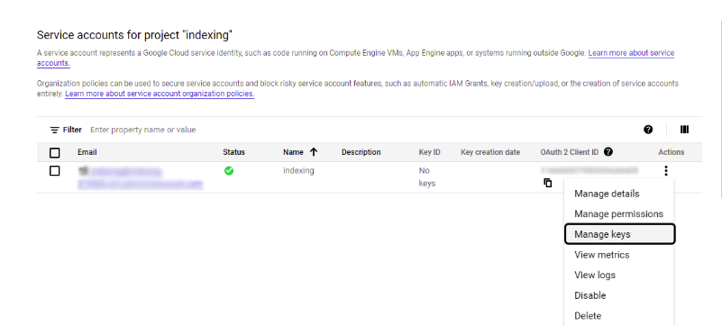 Google Cloud_Creating and activating Indexing API step 6