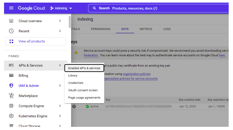 Google Cloud_Creating and activating Indexing API step 8