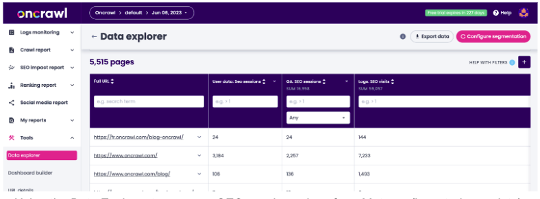 Data Explorer to compare SEO session values from Matomo