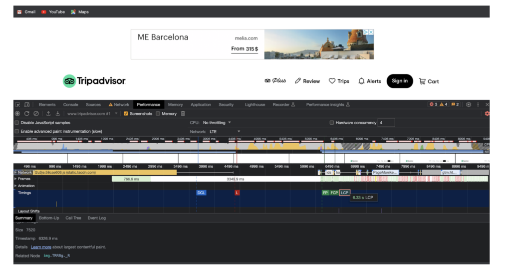 Tripadvisor LCP on LTE