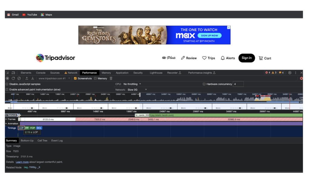 Tripadvisor LCP on Slow 3G