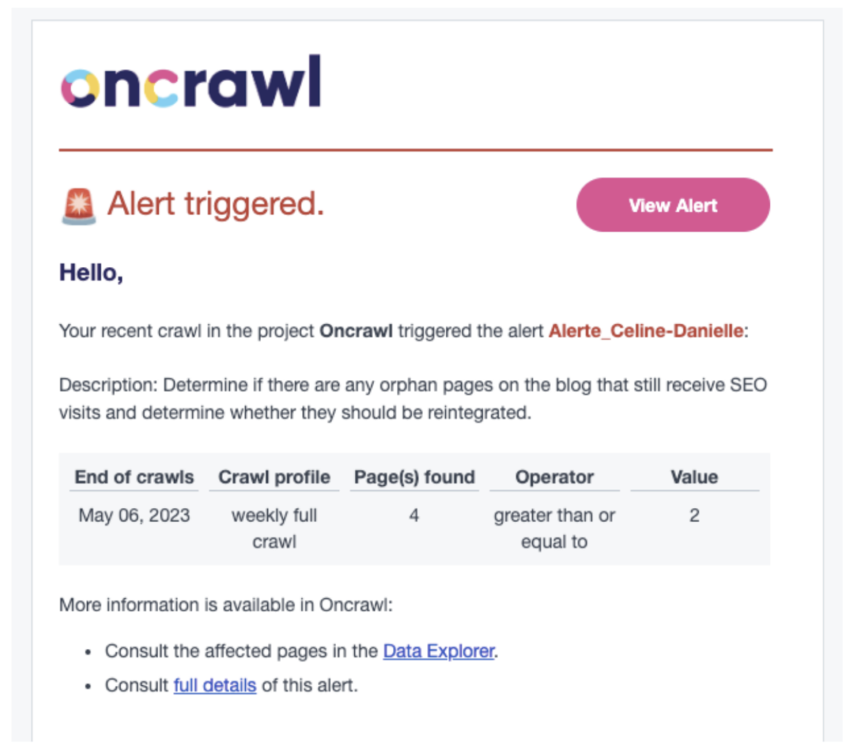 Oncrawl_Alert Triggered