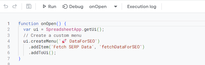 Figure 13 - Version 6 of SERP API script - custom menu code for starting the script Figure 13 - Version 6 of SERP API script - custom menu code for starting the script