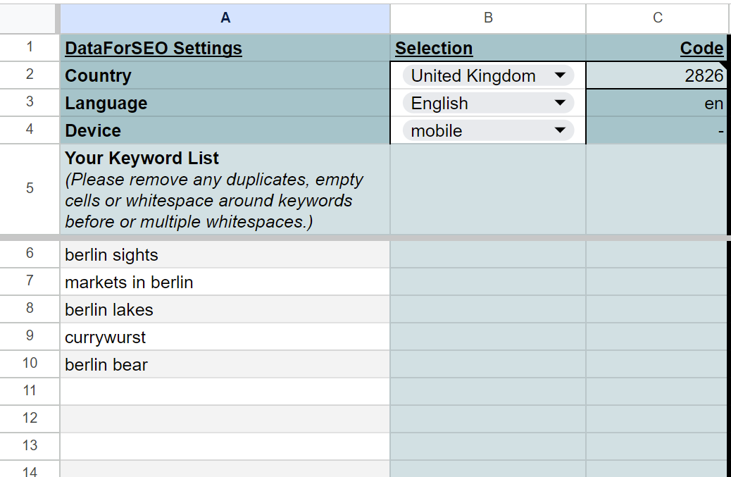 Figure 2 - Version 1 of SERP API script - input in Google Sheets tab “DataForSEO Settings” Figure 2 - Version 1 of SERP API script - input in Google Sheets tab “DataForSEO Settings”